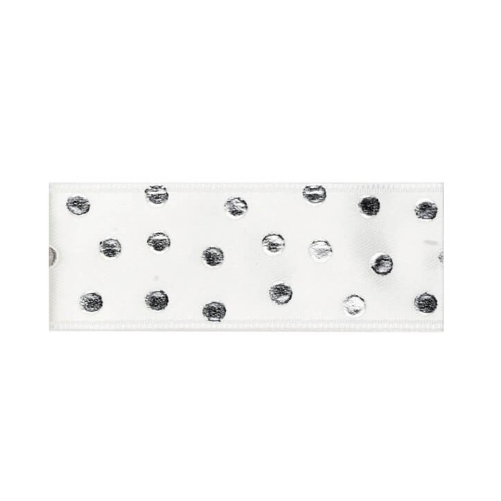 Nastro doppio raso 25 mm bianco e pois argento 10 mt |…