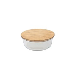 Contenitore Vetro rotondo con coperchio natural wooden 13 cm