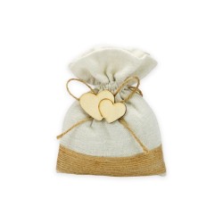Sacchetto cotone con ricamo juta ed applicazione doppio cuore legno