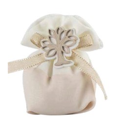 Sacchetto Portaconfetti cotone tortora bianco con alberello 8 x 10 cm