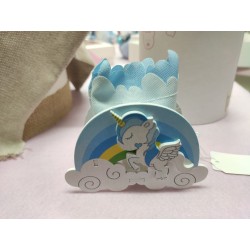 Unicorno blu portaconfetti arcobaleno legno 10 x 7 cm