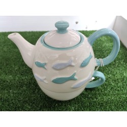 Set teiera e tazza in ceramica decorata con pesciolini 16 x 15 cm