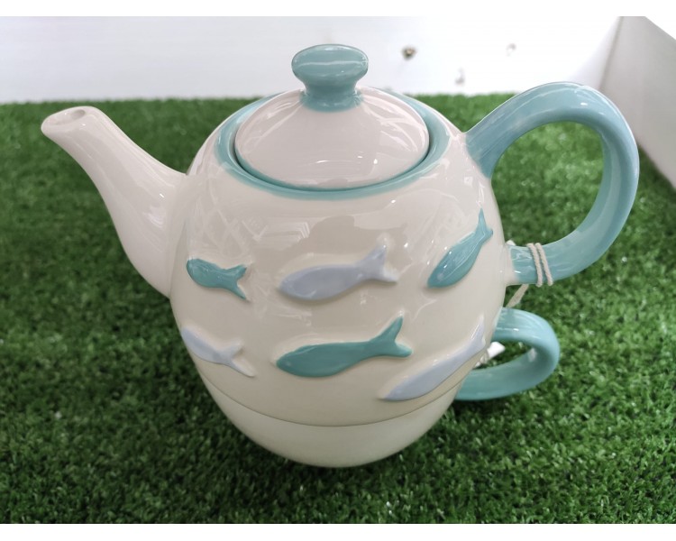 Set teiera e tazza in ceramica decorata con pesciolini 16 x 15 cm