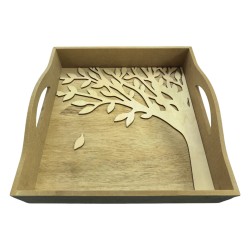 Vassoio con manici in legno naturale decoro albero della vita 28x28x8 cm