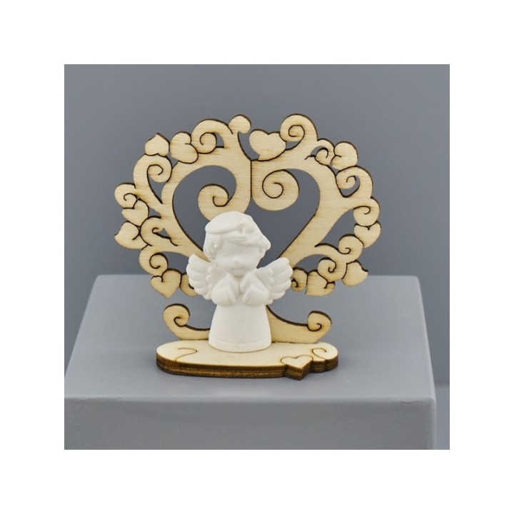 Albero dei cuori in legno con angioletto in gesso su base