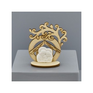 Casetta in legno con albero e Sacra Famiglia in gesso su base
