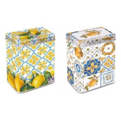 Barattolo biscottiera in latta con coperchio-ass. 2 decori- 13x10xh.16 cm