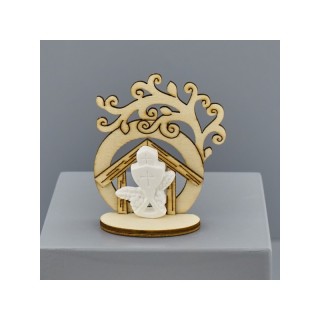 Casetta in legno con albero e calice con ostia in gesso su base