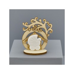 Casetta in legno con albero e carrozzina in gesso su base