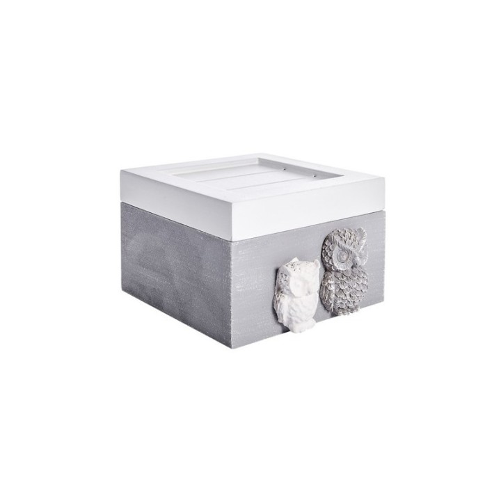 Scatola quadrata in legno bianco e grigio con gufetti decorativi