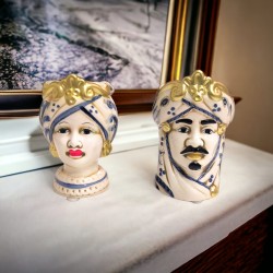 Coppia mori ceramica 10 Cm bianco oro blu