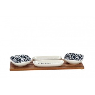 Set 4 ciotole in porcellana con vassoio in bamboo