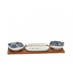 Set 4 ciotole in porcellana con vassoio in bamboo