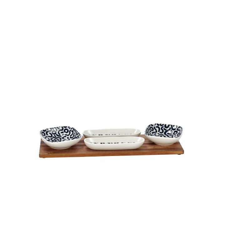 Set 4 ciotole in porcellana con vassoio in bamboo