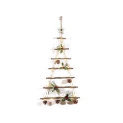 Albero di Natale in legno con decori innevati e luci led da appendere