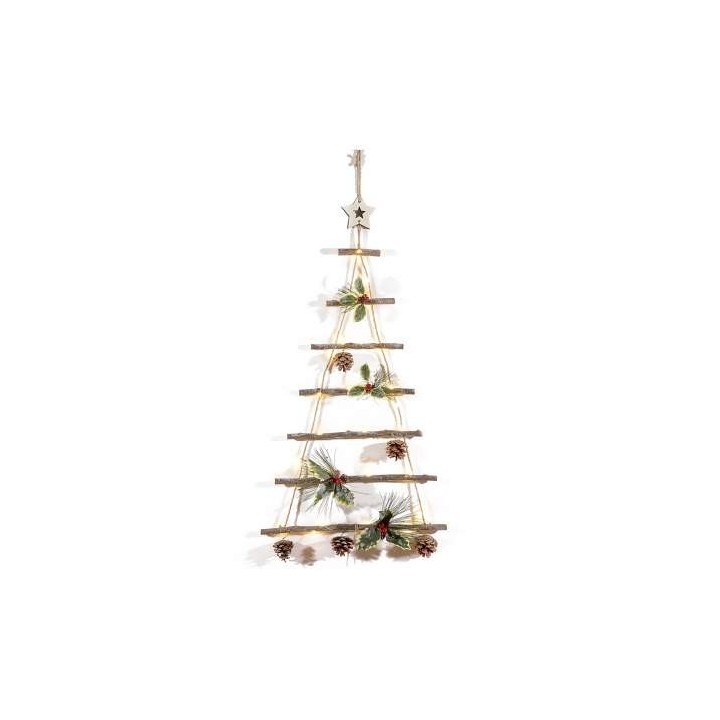 Albero di Natale in legno con decori innevati e luci led da appendere