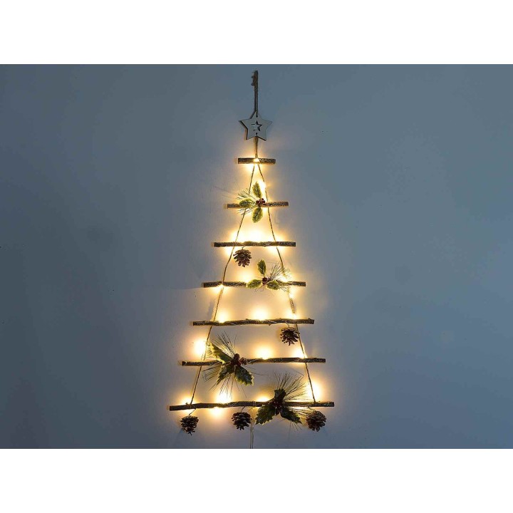 Albero di Natale in legno con decori innevati e luci led da appendere