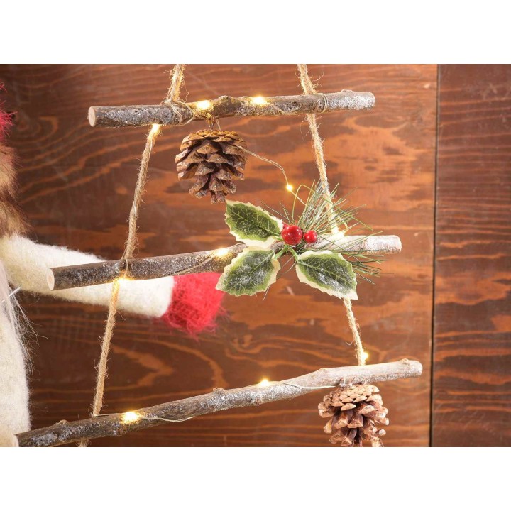 Albero di Natale in legno con decori innevati e luci led da appendere