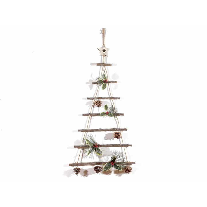 Albero di Natale in legno con decori innevati e luci led da appendere