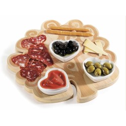 Vassoio a set aperitivo con 3 coppette in porcellana su vassioi in legno ''Albero della vita'' 4zero3 27 x 30 H cm