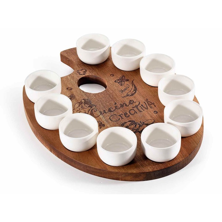Set aperitivo 10 coppette porcellana su vassoio legno…