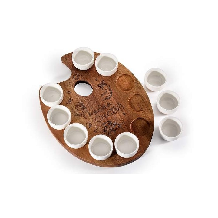 Set aperitivo 10 coppette porcellana su vassoio legno…