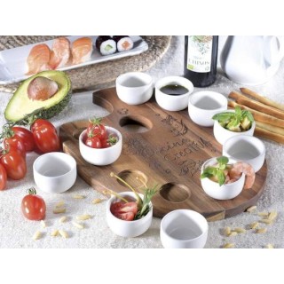 Set aperitivo 10 coppette porcellana su vassoio legno…