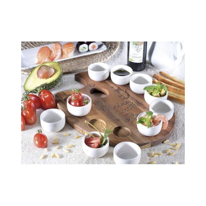 Set aperitivo 10 coppette porcellana su vassoio legno…