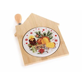 Tagliere a casetta in bamboo e ceramica con coltello da formaggio