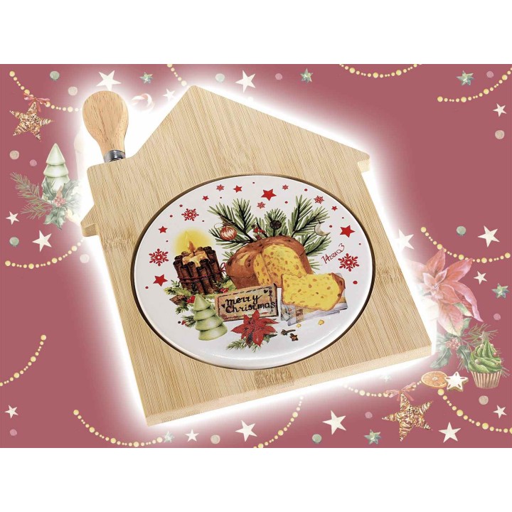 Tagliere a casetta in bamboo e ceramica con coltello da formaggio
