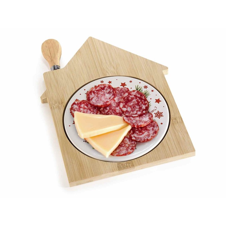 Tagliere a casetta in bamboo e ceramica con coltello da formaggio