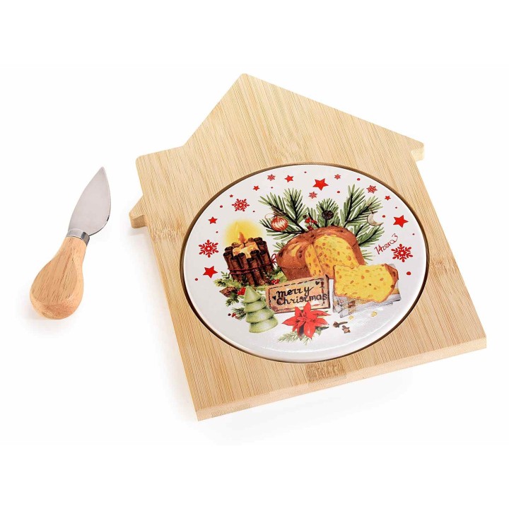 Tagliere a casetta in bamboo e ceramica con coltello da formaggio