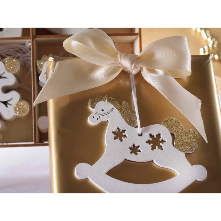 Decoro natalizio in legno bianco con glitter dorati da appendere