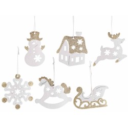 Decoro in legno bianco assortiti modelli con glitter dorati da appendere 7 cm