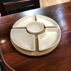 Antipastiera 5 ciotole vaschette in ceramica vassoio in bamboo 25,5 cm