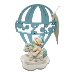 Orsetto in resina cavallo a dondolo con mongolfiera in legno 10x8 cm