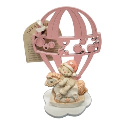 Orsetto in resina cavallo a dondolo con mongolfiera in legno 10x8 cm