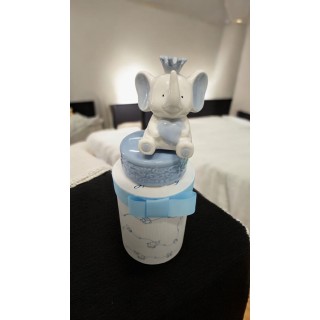 Carillon elefante celeste con corona e cuore con box 8x13,5 cm