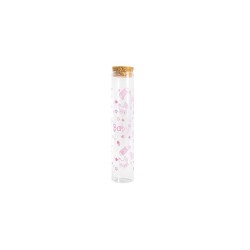 Boccetta portaconfetti trasparente con decori Baby rosa e tappo in sughero