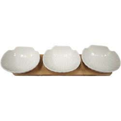 Antipastiera con tre ciotole porcellana e vassoi bamboo 40X10 cm