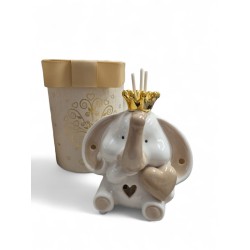 Profumatore elefante porcellana bianco tortora con corona oro con LED