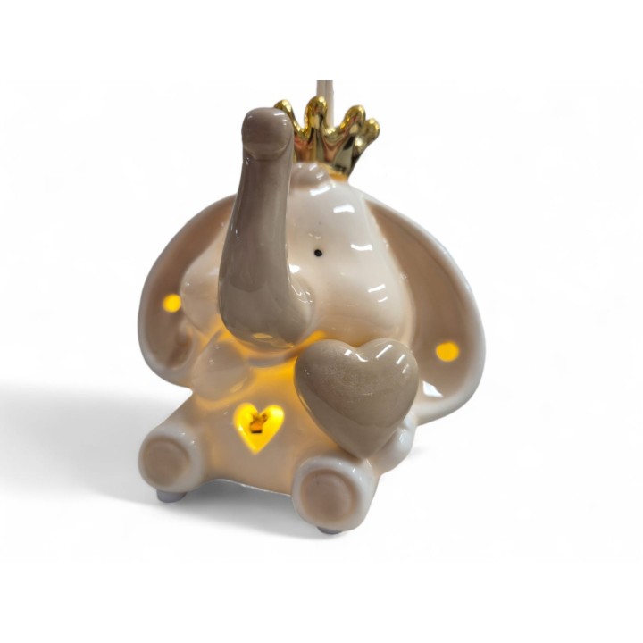 Profumatore elefante porcellana bianco tortora con corona oro con LED