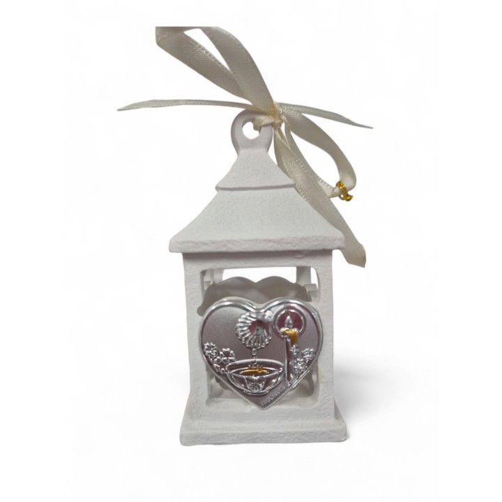 Lanterna led resina 5x5xh9 cm placca cuore battesimo Debora…