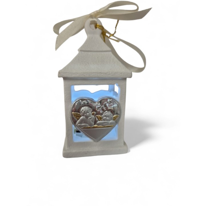 Lanterna led resina 5x5xh9 cm placca cuore battesimo Debora…