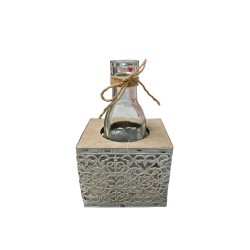 Bottiglia vetro oliera portafiori con cassettina legno estraibile 11x9x17 cm