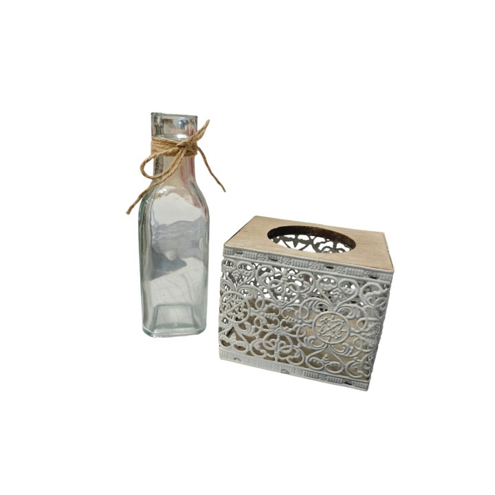 Bottiglia vetro oliera portafiori con cassettina legno…