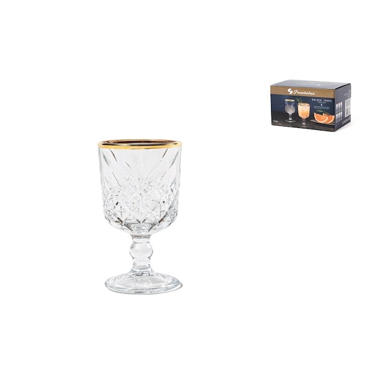 Confezione sei calici timeles in vetro trasparente lavorato, con bordo oro cl 06
