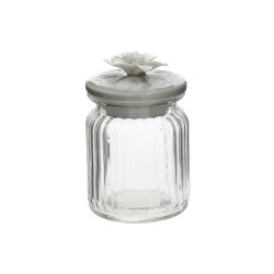 Barattolo trasparente in vetro a righe con tappo fiore in porcellana tortora