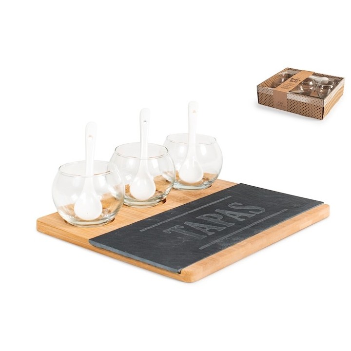 Antipastiera con tagliere ardesia  happy hour con base in bambù 23x20 cm