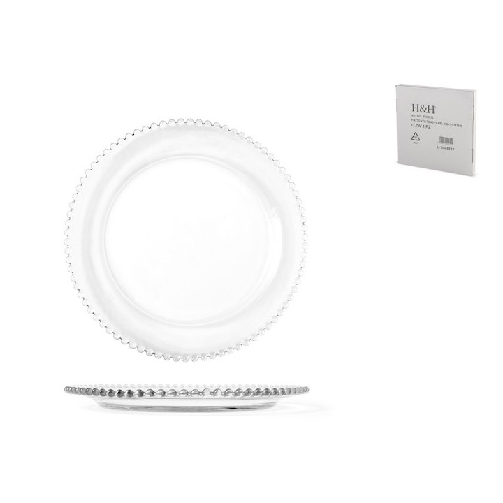 Piatto tondo collier in vetro trasparente con ala perlinata cm 30,5